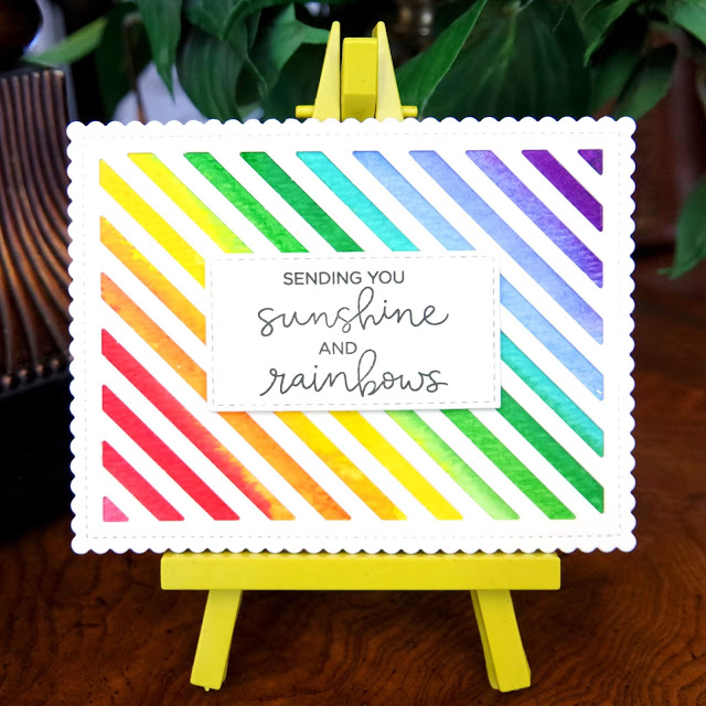 Rainbow Watercolor Card with Hello Bluebird Rainbow Script sentiment.