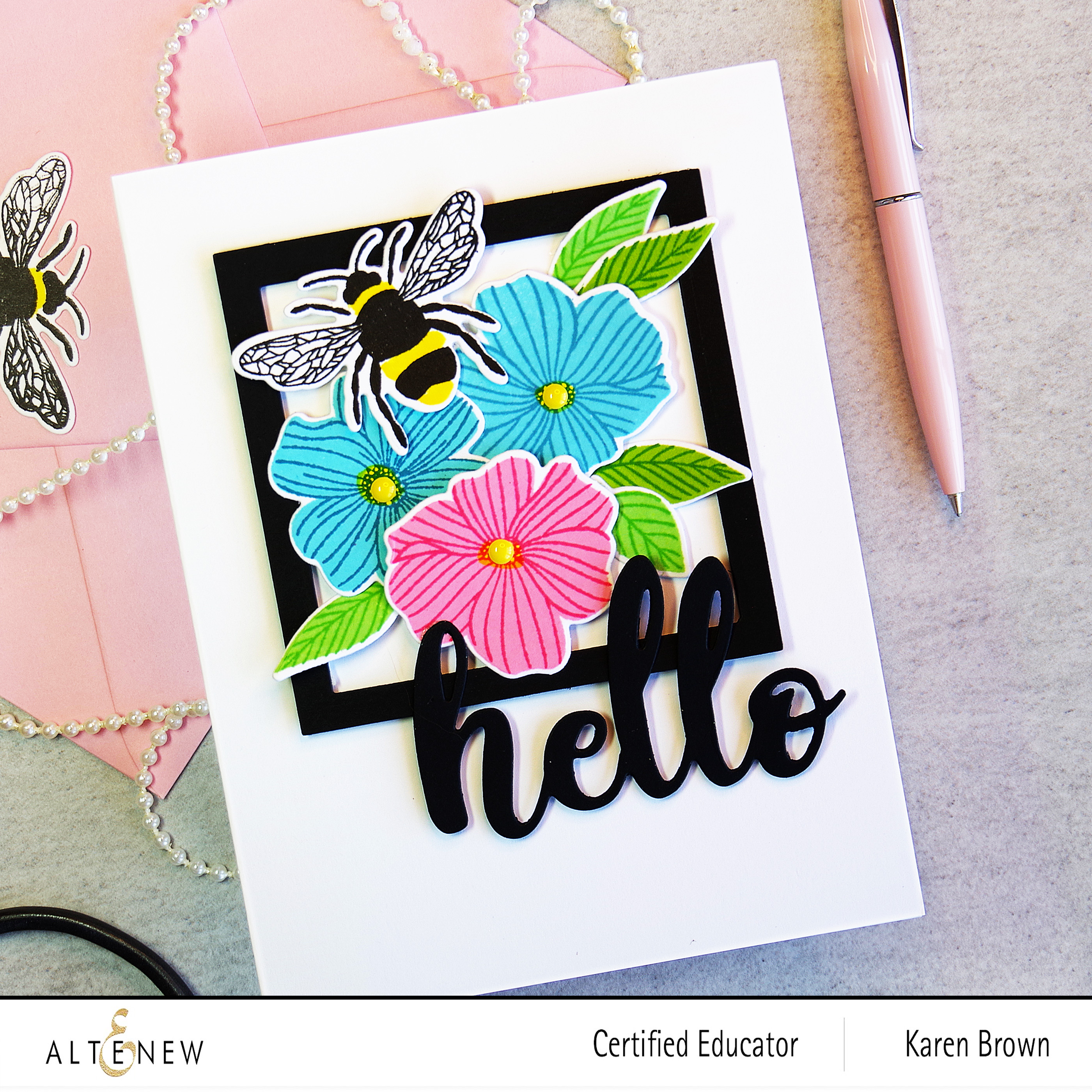 Handmade card with stamped and die cut doodle flowers + bee.
