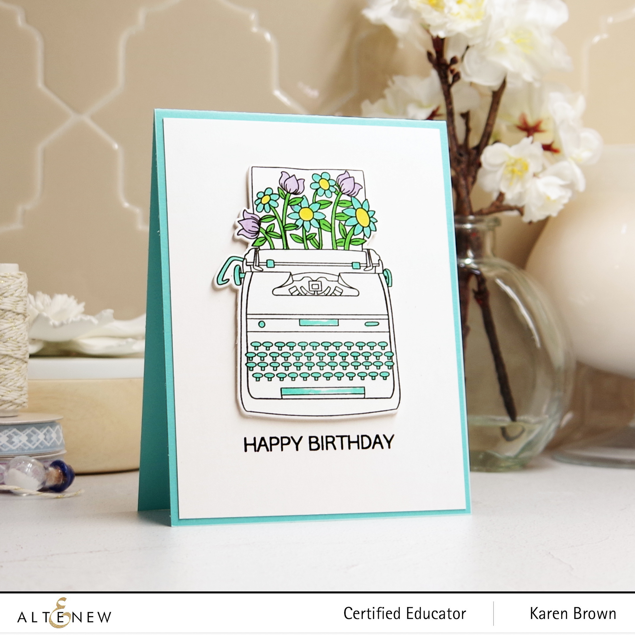 CAS Clean and Simple card using Altenew's Typewriter Flowers mini stamp and die bundle.