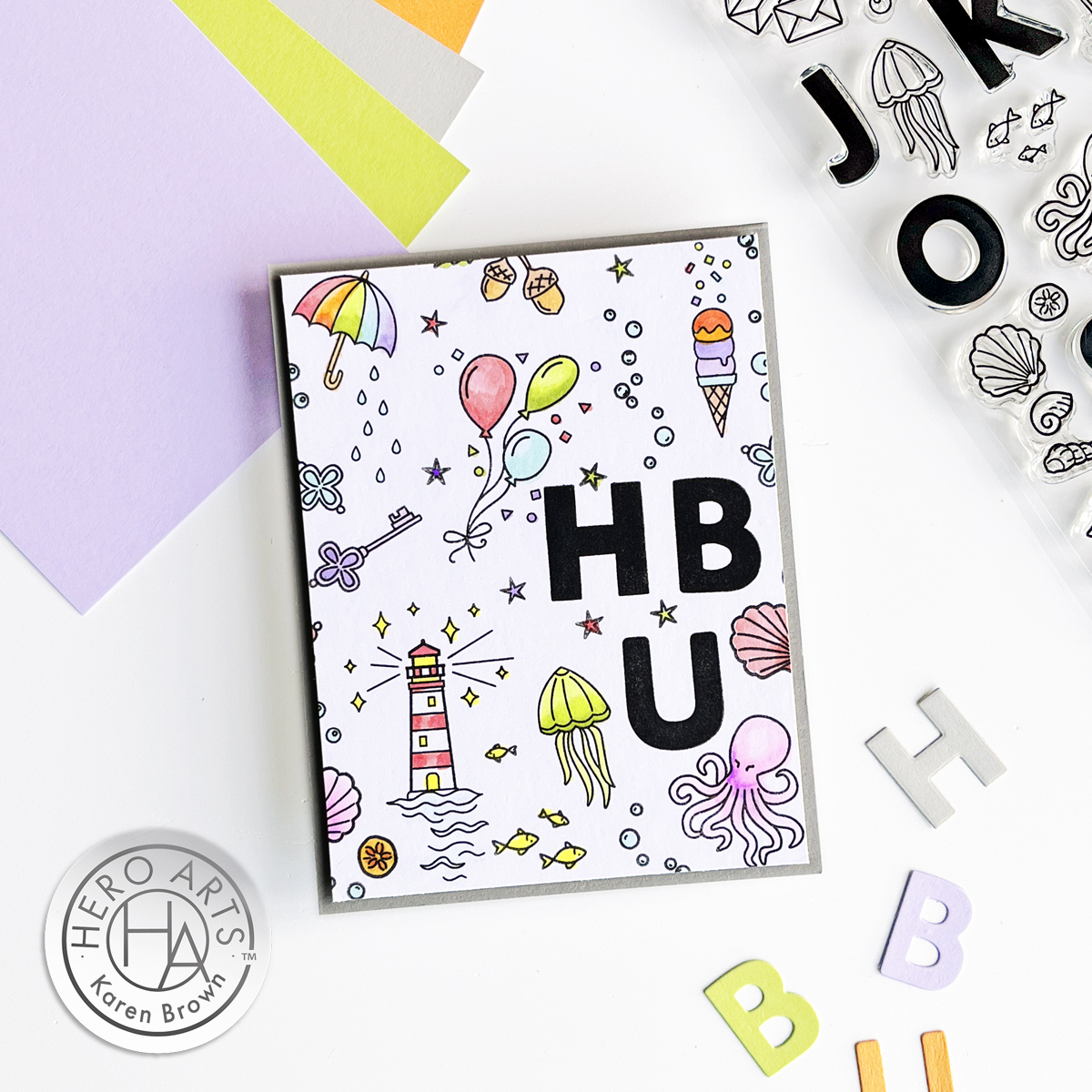 Easy Stamped & Copic Colored Card with Hero Arts Alphabet Stamps and images.