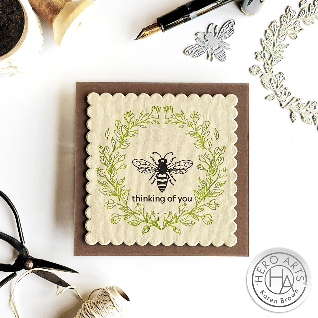 Square Thinking of You Card with Hero Arts Antique Bee and Wreath letter press plates.