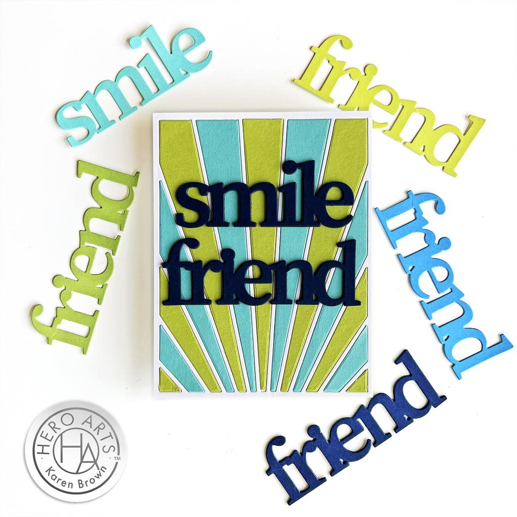 Bright and colorful Smile Friend sentiment handmade card from Hero Arts.