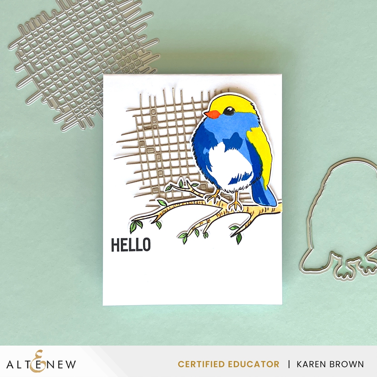 Creating with Altenew's Bird of the Woods Stamp and Die Bundle using blue and yellow inks.