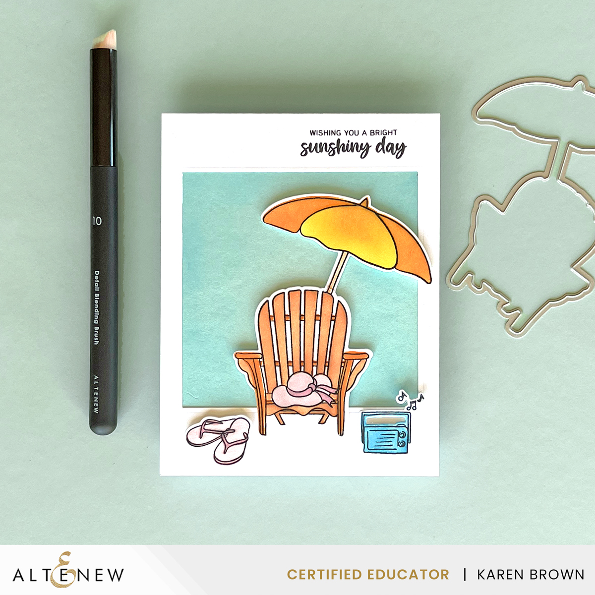 A Polaroid-look beach scene card using Altenew's Summer Wishes stamp, die and coloring stencil bundle.